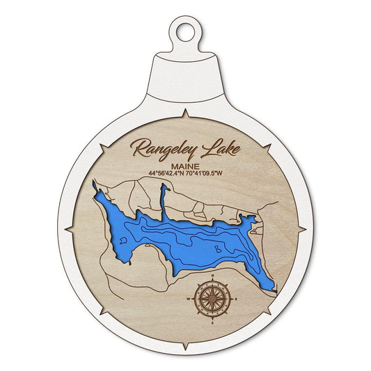 Rangeley Lake, Maine Custom 3D Layered Wood Lake Map Ornament | Handcrafted Bathymetric Art