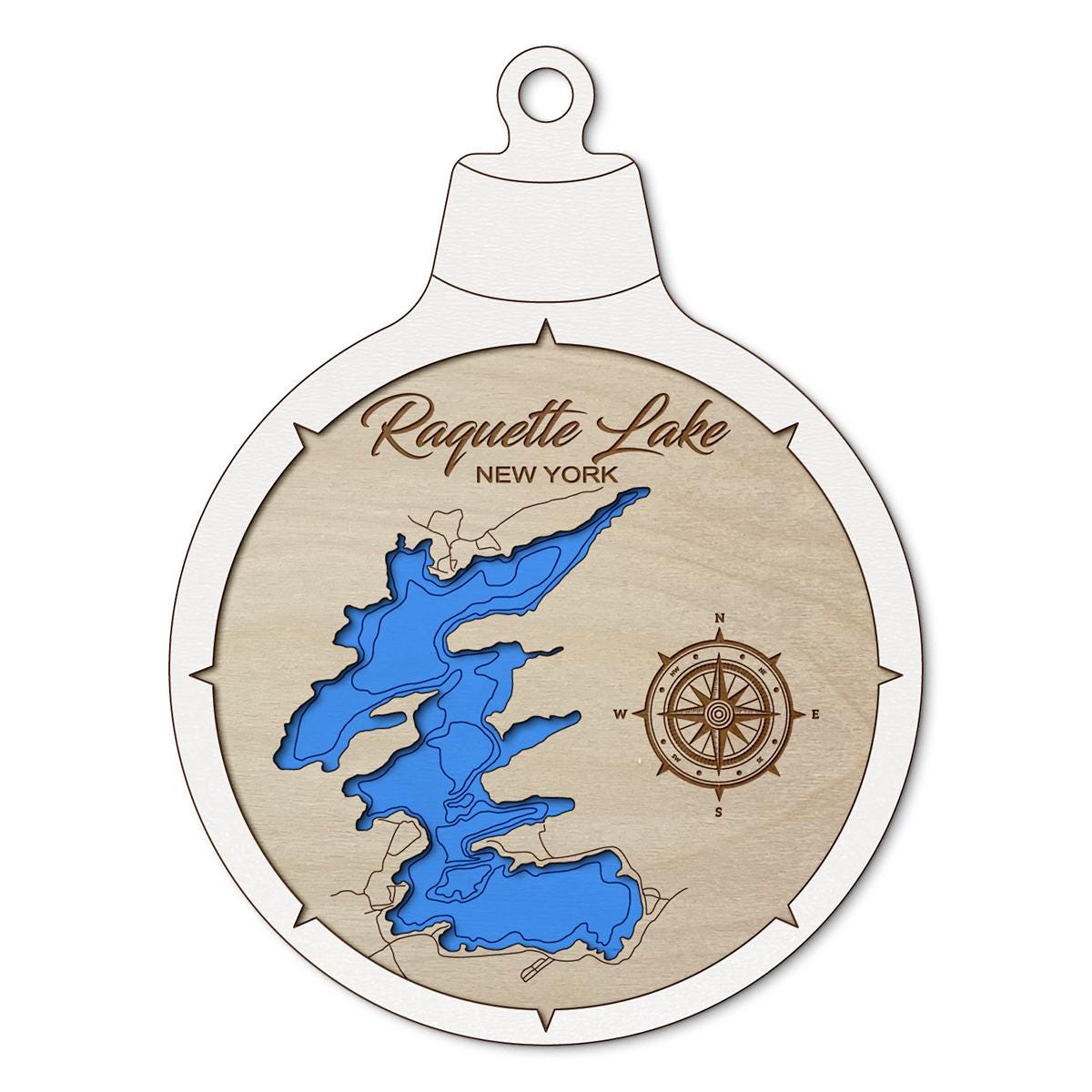 Raquette Lake NY Custom 3D Layered Wood Lake Map Ornament | Handcrafted Bathymetric Art