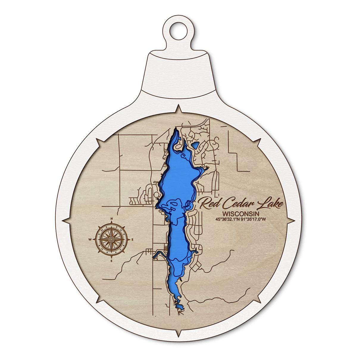 Red Cedar Lake WI Custom 3D Layered Wood Lake Map Ornament | Handcrafted Bathymetric Art