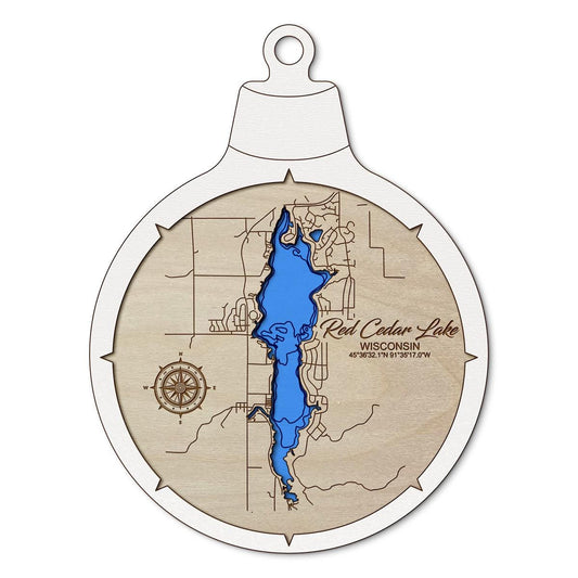 Red Cedar Lake WI Custom 3D Layered Wood Lake Map Ornament | Handcrafted Bathymetric Art