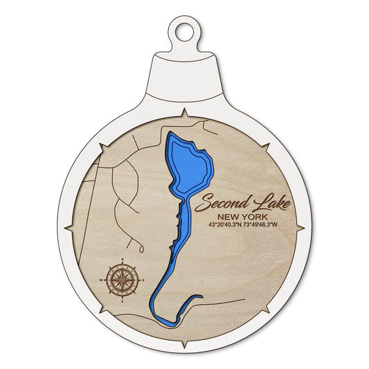 Second Lake - Luzerne NY Custom 3D Layered Wood Lake Map Ornament | Handcrafted Bathymetric Art
