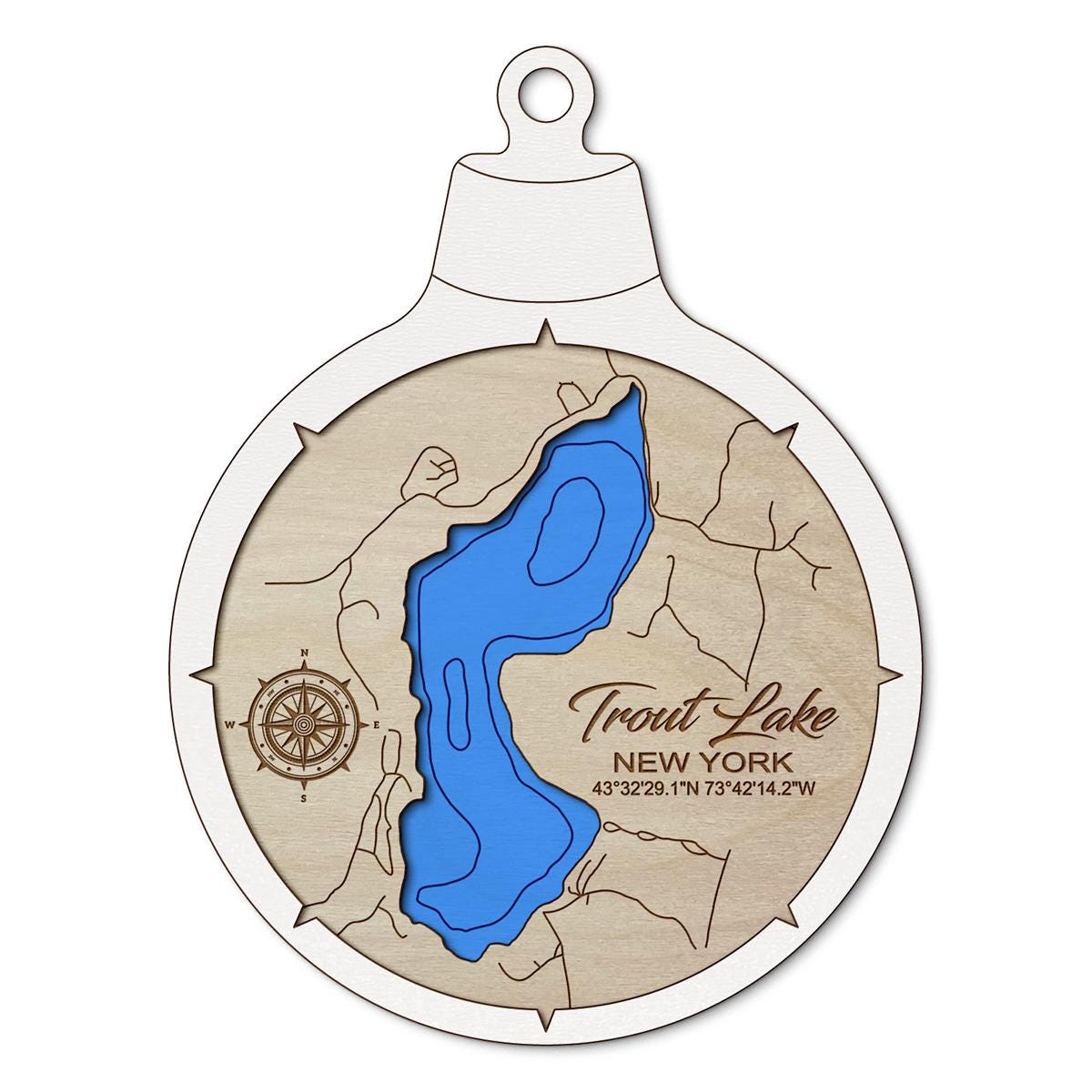 Trout Lake NY Custom 3D Layered Wood Lake Map Ornament | Handcrafted Bathymetric Art