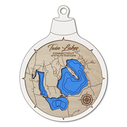 Twin Lakes, Connecticut Custom 3D Layered Wood Lake Map Ornament | Handcrafted Bathymetric Art