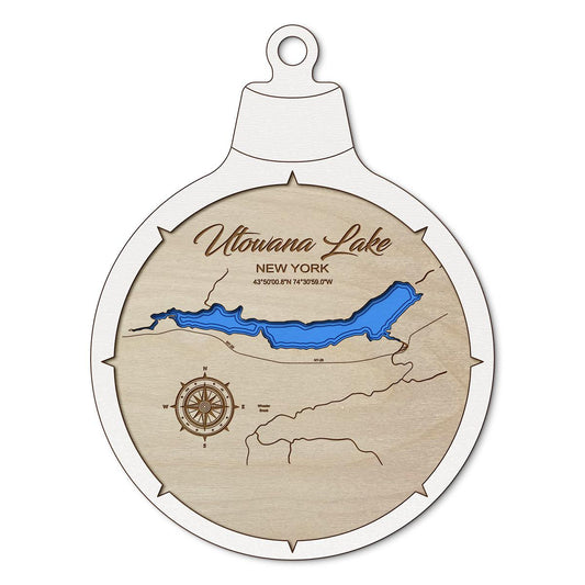 Utowana Lake, New York Custom 3D Layered Wood Lake Map Ornament | Handcrafted Bathymetric Art