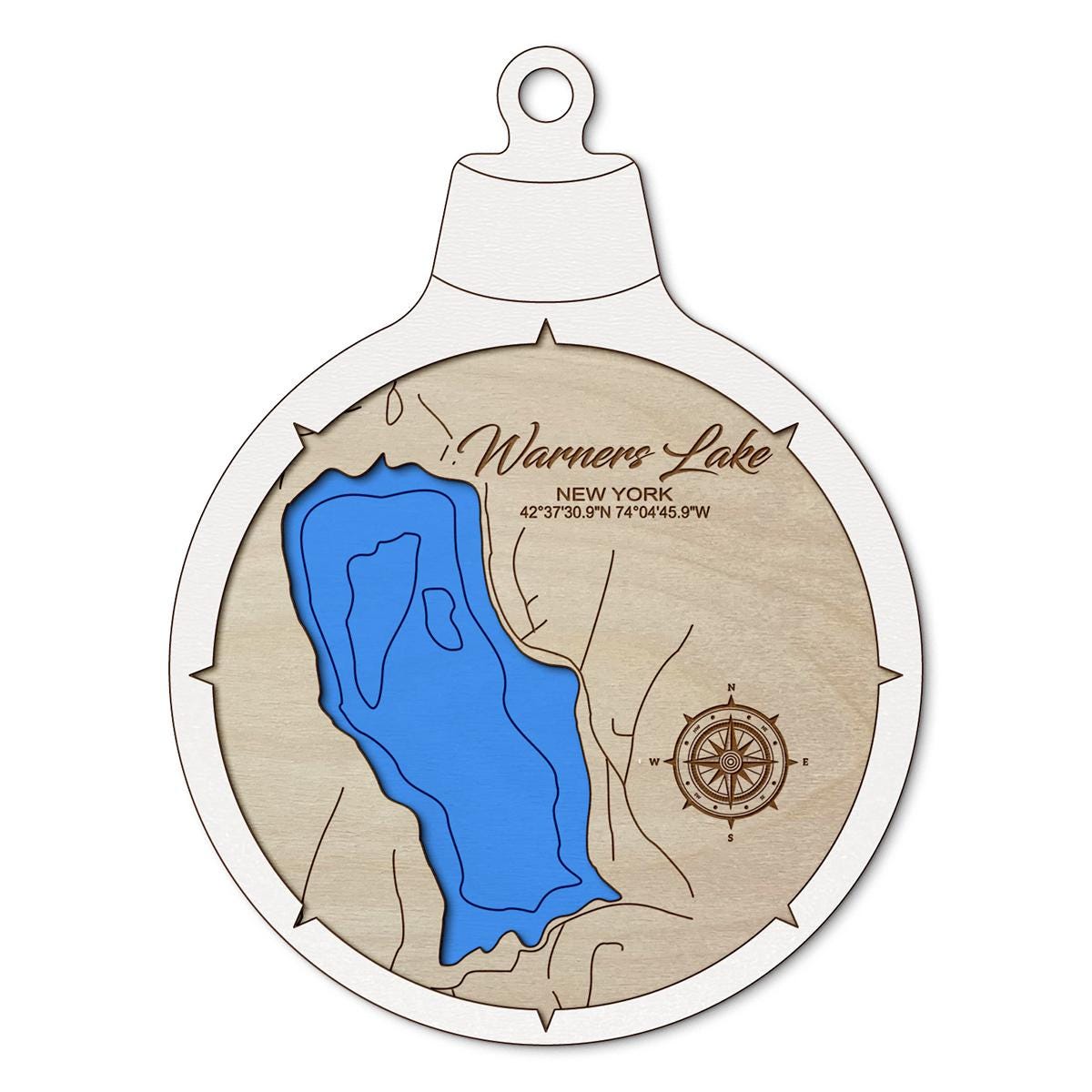 Warners Lake NY Custom 3D Layered Wood Lake Map Ornament | Handcrafted Bathymetric Art