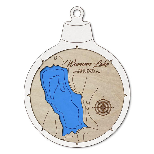 Warners Lake NY Custom 3D Layered Wood Lake Map Ornament | Handcrafted Bathymetric Art