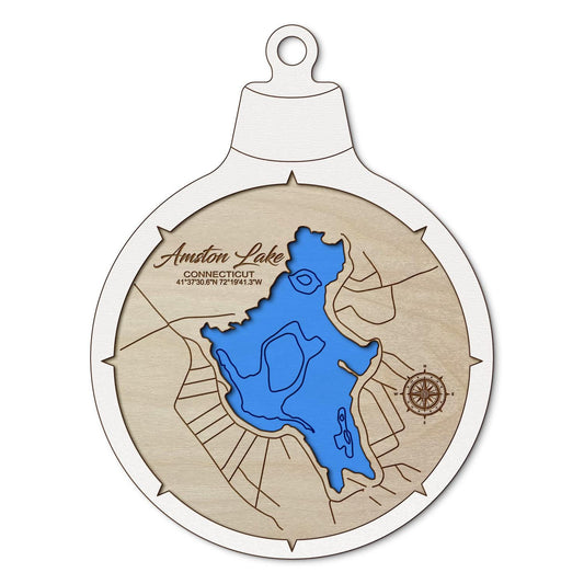 Amston Lake CT Custom 3D Layered Wood Lake Map Ornament | Handcrafted Bathymetric Art
