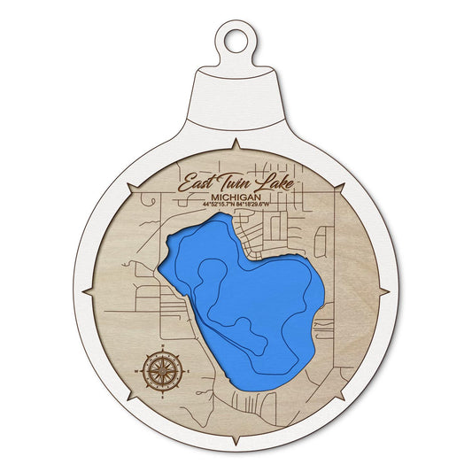 East Twin Lake in Lewiston, Michigan Custom 3D Layered Wood Lake Map Ornament | Handcrafted Bathymetric Art