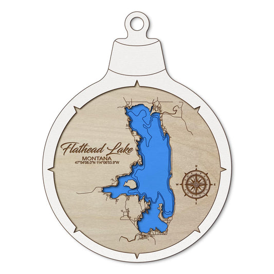 Flathead Lake MT Custom 3D Layered Wood Lake Map Ornament | Handcrafted Bathymetric Art