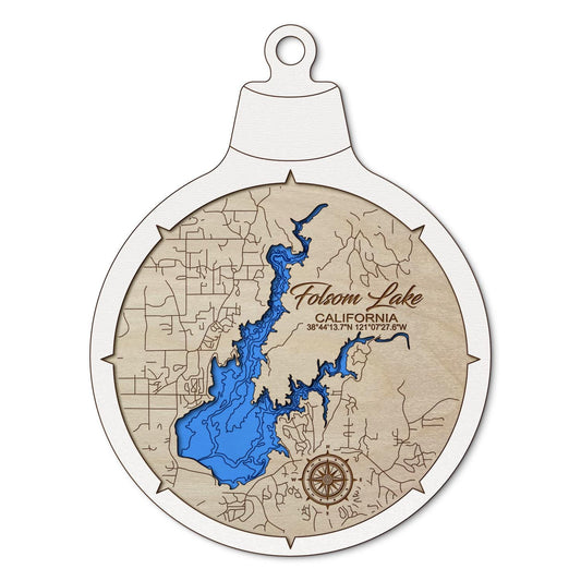 Folsom Lake CA Custom 3D Layered Wood Lake Map Ornament | Handcrafted Bathymetric Art