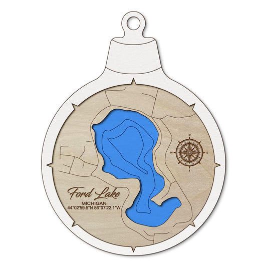 Ford Lake in Fountain, Michigan Custom 3D Layered Wood Lake Map Ornament | Handcrafted Bathymetric Art