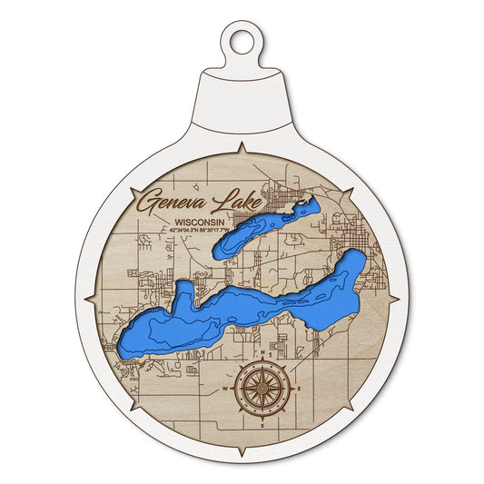 Geneva Lake WI Custom 3D Layered Wood Lake Map Ornament | Handcrafted Bathymetric Art