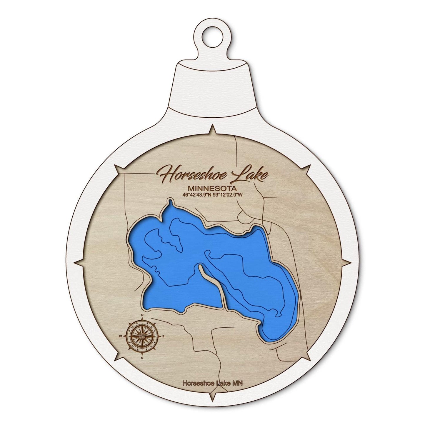 Horseshoe Lake MN Custom 3D Layered Wood Lake Map Ornament | Handcrafted Bathymetric Art