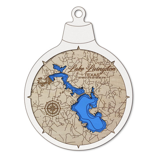 Lake Livingston, Texas Custom 3D Layered Wood Lake Map Ornament | Handcrafted Bathymetric Art