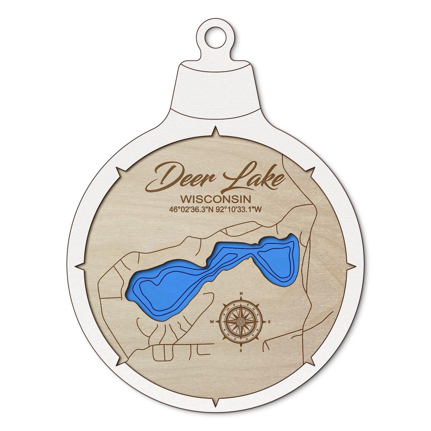 Deer Lake(Burnett County), Wisconsin Custom 3D Layered Wood Lake Map Ornament | Handcrafted Bathymetric Art