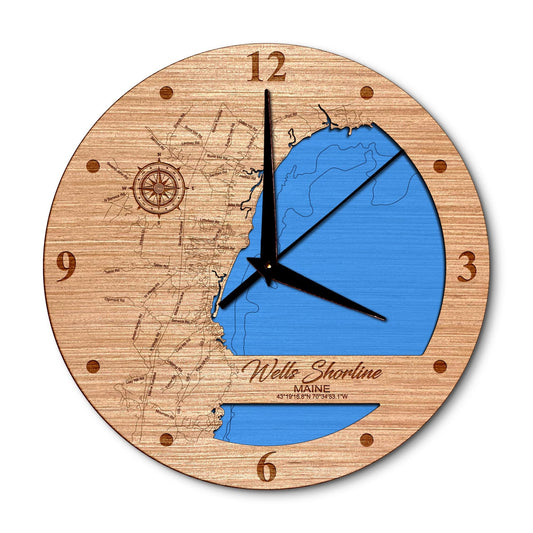 Wells Shoreline, Maine 14in Layered Map Clock - Any Lake, Pond, or Reservoir - Unique Home Decor