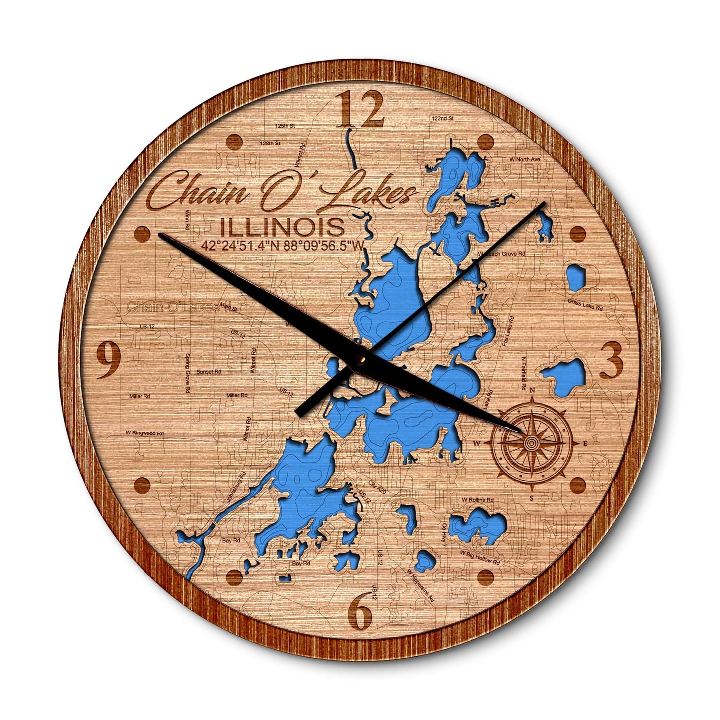 Chain O' Lakes, Illinois 14in Layered Map Clock - Any Lake, Pond, or Reservoir - Unique Home Decor
