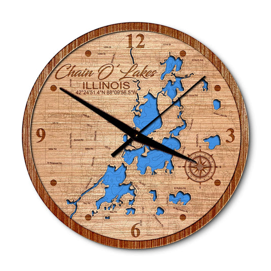 Chain O' Lakes, Illinois 14in Layered Map Clock - Any Lake, Pond, or Reservoir - Unique Home Decor