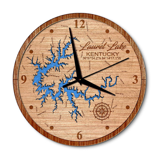 Laurel River Lake, Kentucky 14in Layered Map Clock - Any Lake, Pond, or Reservoir - Unique Home Decor