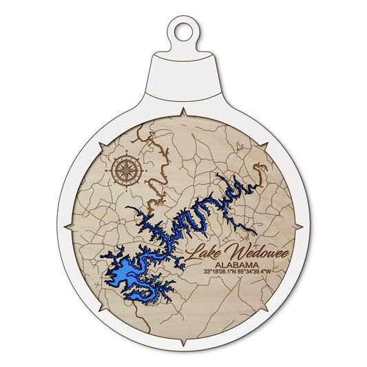 Lake Wedowee, Alabama Custom 3D Layered Wood Lake Map Ornament | Handcrafted Bathymetric Art