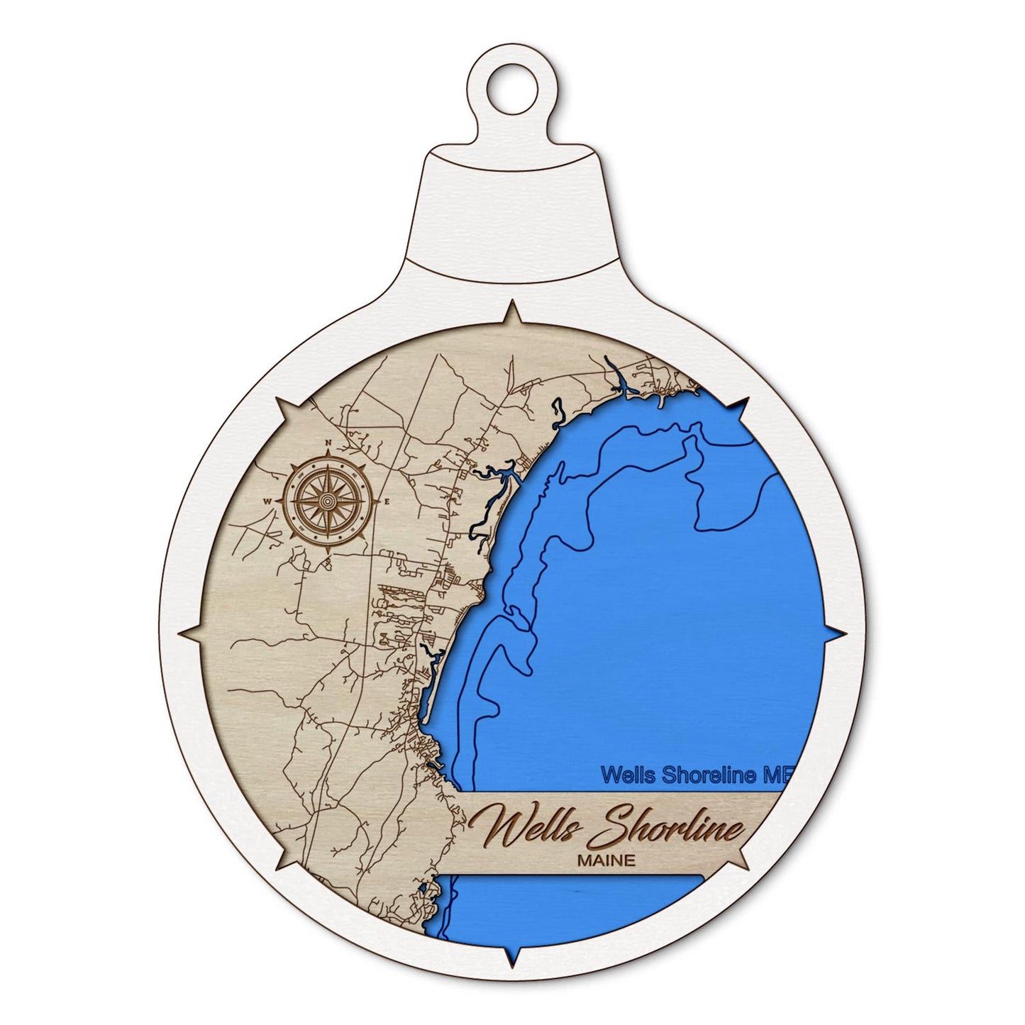 Wells Shoreline, Maine Custom 3D Layered Wood Lake Map Ornament | Handcrafted Bathymetric Art