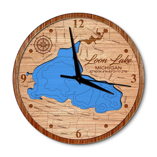 Loon Lake in Waterford Township, Michigan 14in Layered Map Clock - Any Lake, Pond, or Reservoir - Unique Home Decor