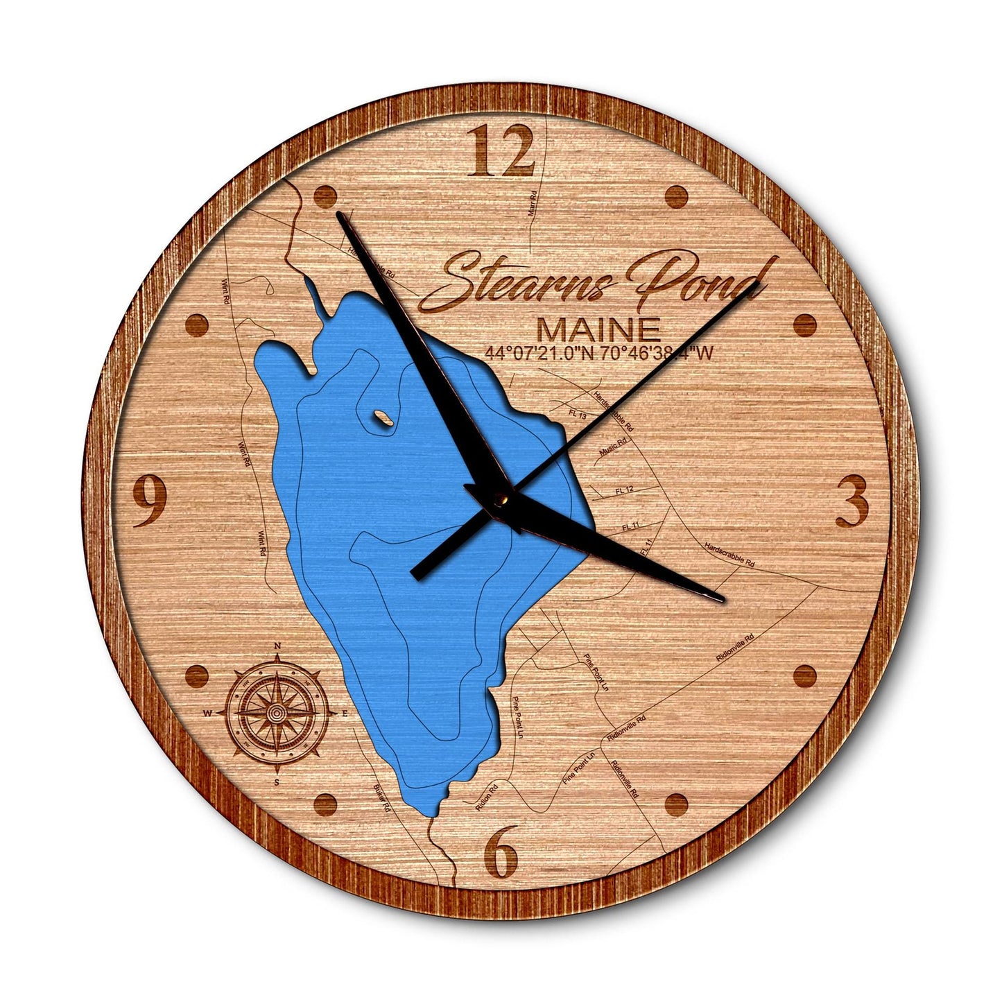 Stearns Pond Maine 14in Layered Map Clock - Any Lake, Pond, or Reservoir - Unique Home Decor
