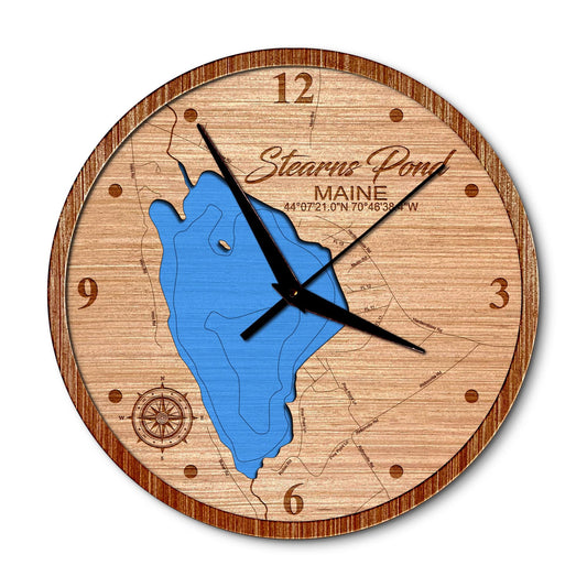 Stearns Pond Maine 14in Layered Map Clock - Any Lake, Pond, or Reservoir - Unique Home Decor