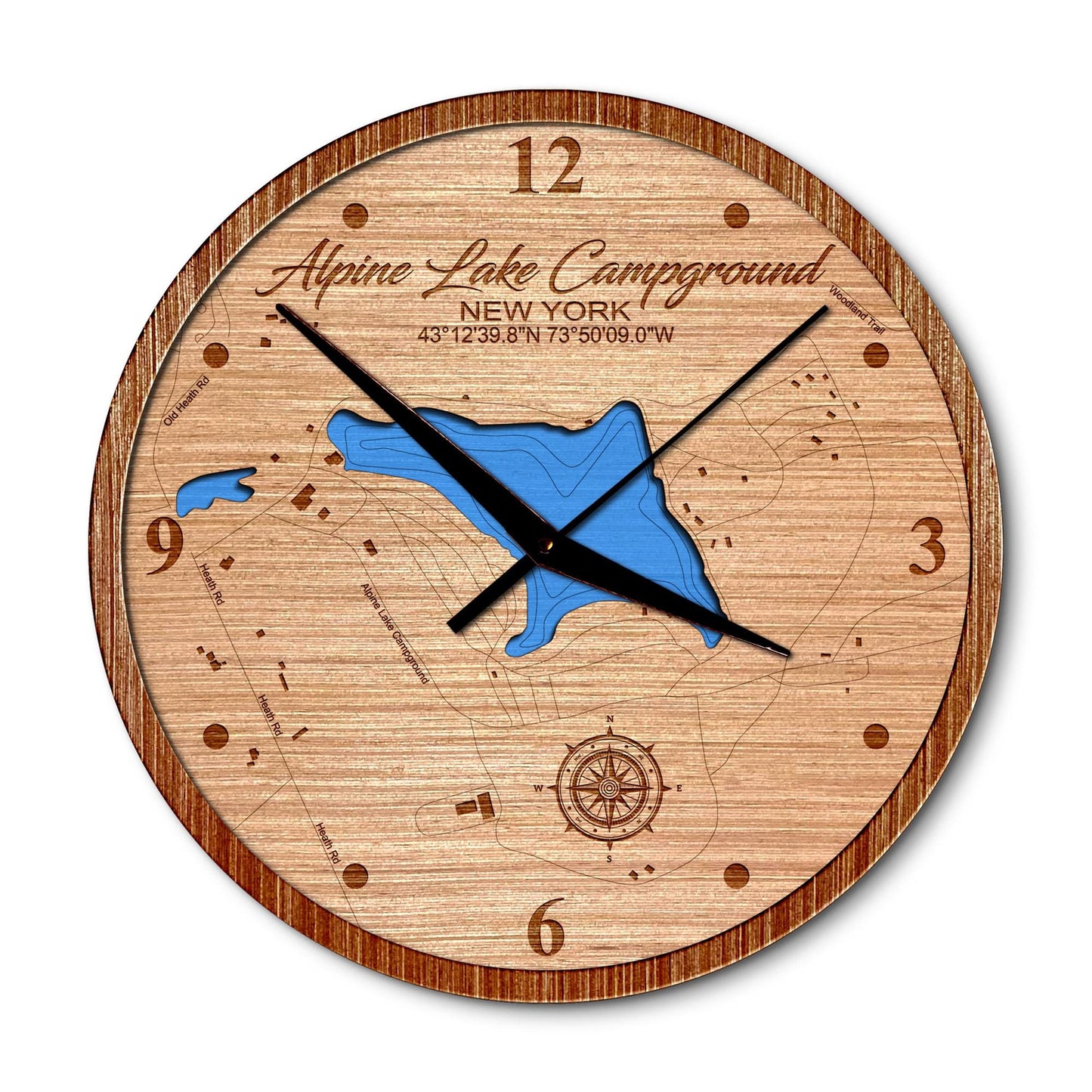 Alpine Lake Campground New York 14in Layered Map Clock - Any Lake, Pond, or Reservoir - Unique Home Decor