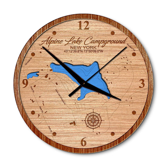 Alpine Lake Campground New York 14in Layered Map Clock - Any Lake, Pond, or Reservoir - Unique Home Decor