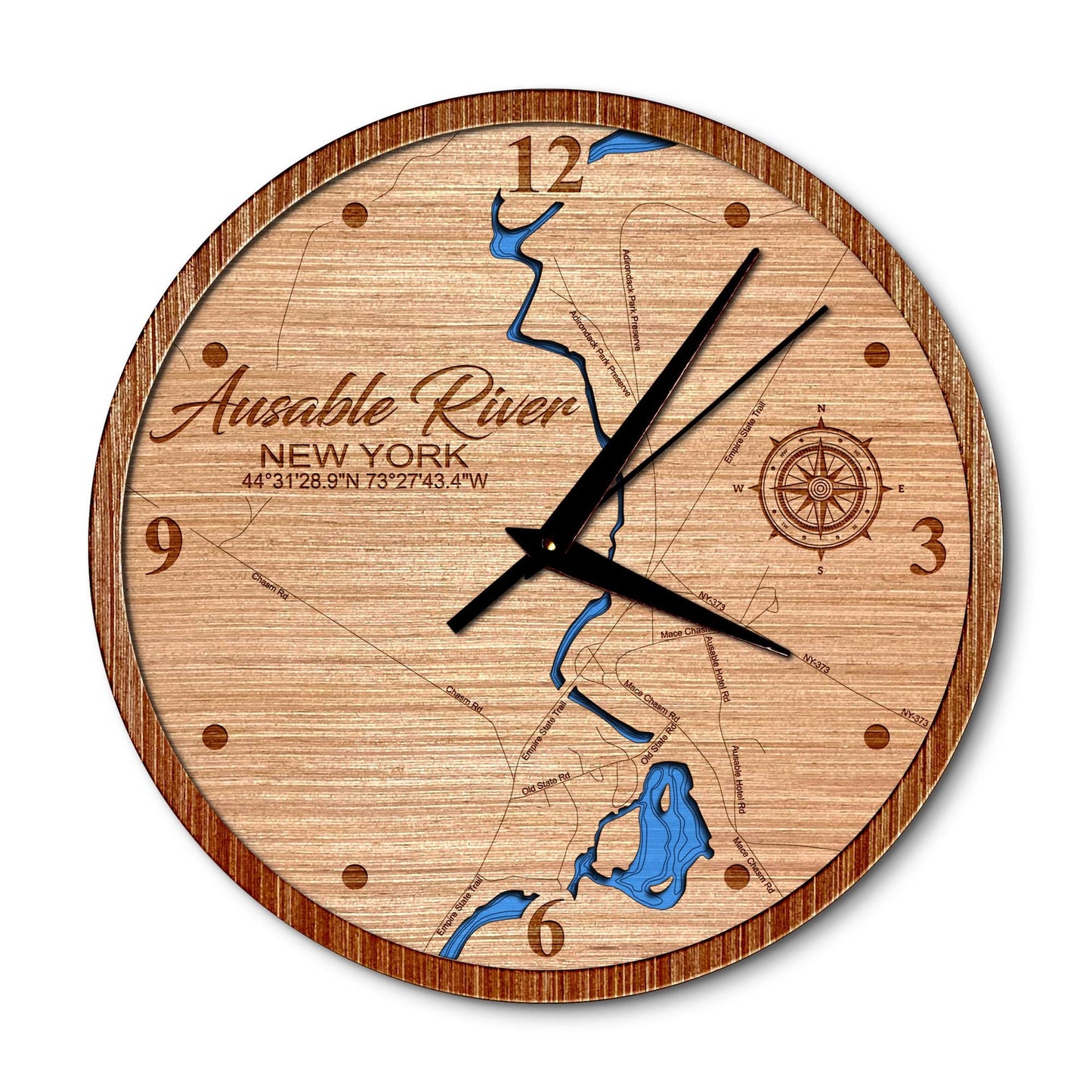 Ausable River New York 14in Layered Map Clock - Any Lake, Pond, or Reservoir - Unique Home Decor
