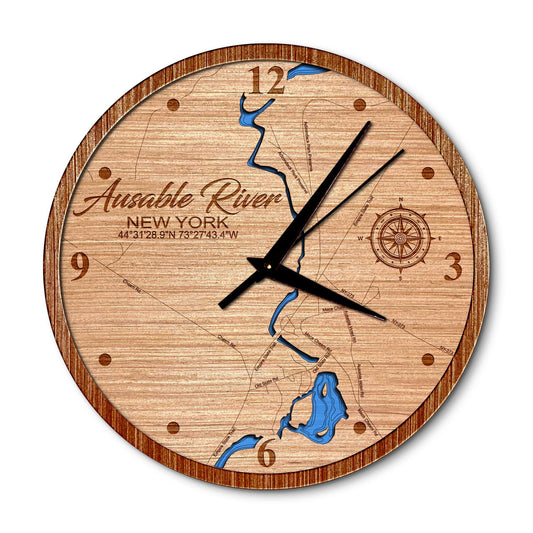 Ausable River New York 14in Layered Map Clock - Any Lake, Pond, or Reservoir - Unique Home Decor