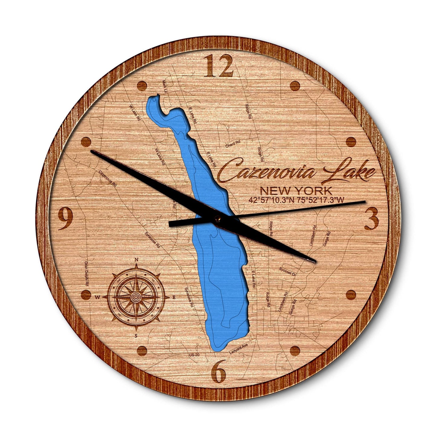Cazenovia Lake New York 14in Layered Map Clock - Any Lake, Pond, or Reservoir - Unique Home Decor