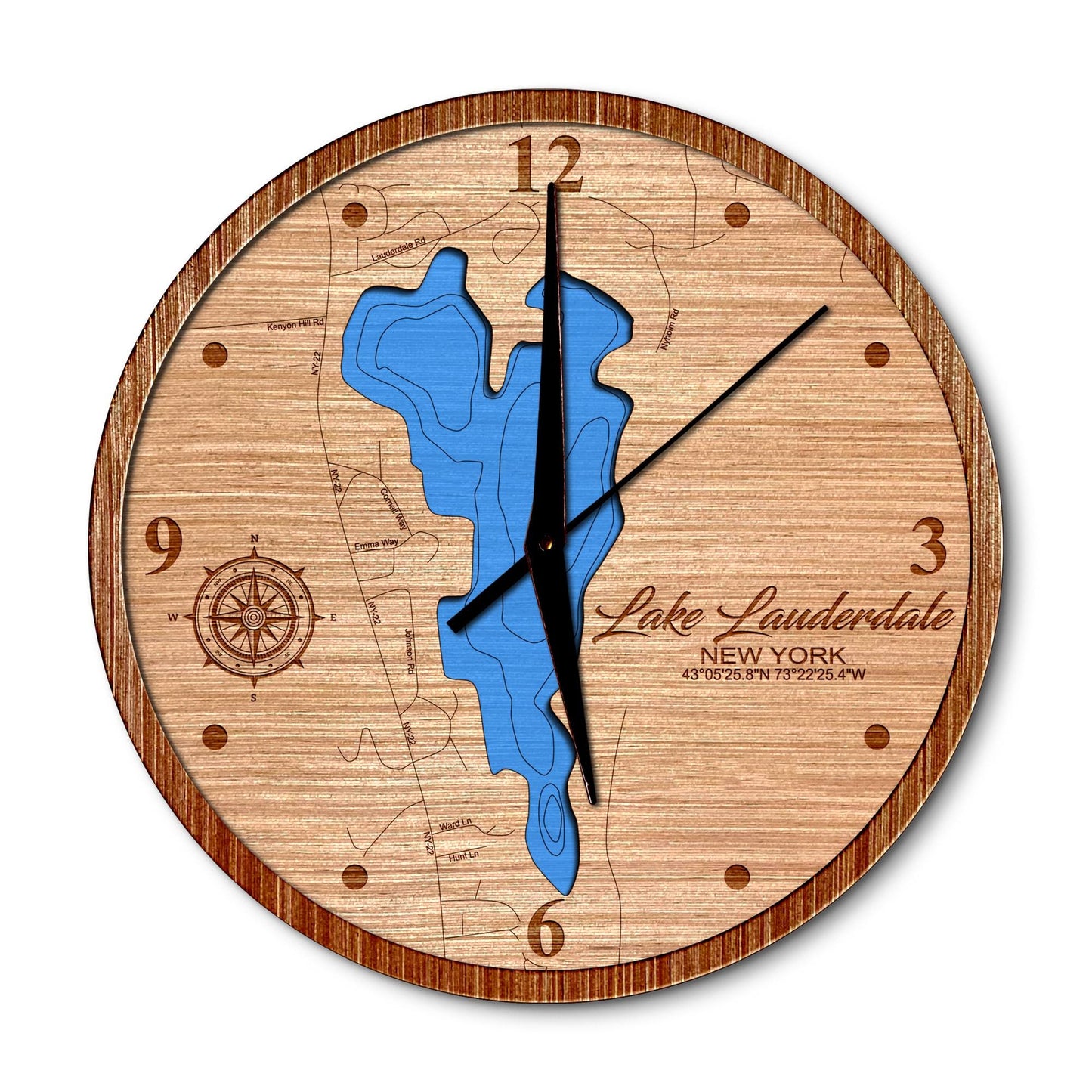Lake Lauderdale New York 14in Layered Map Clock - Any Lake, Pond, or Reservoir - Unique Home Decor