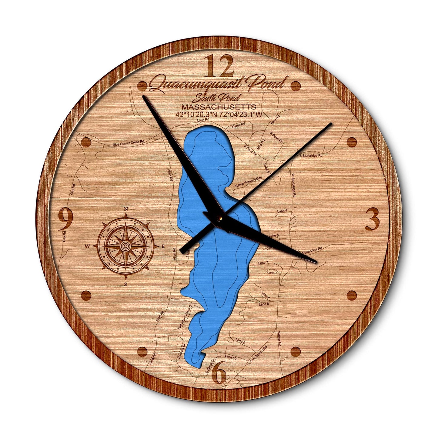 Quacumquasit Pond (South Pond) Massachusetts 14in Layered Map Clock - Any Lake, Pond, or Reservoir - Unique Home Decor