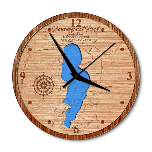 Quacumquasit Pond (South Pond) Massachusetts 14in Layered Map Clock - Any Lake, Pond, or Reservoir - Unique Home Decor