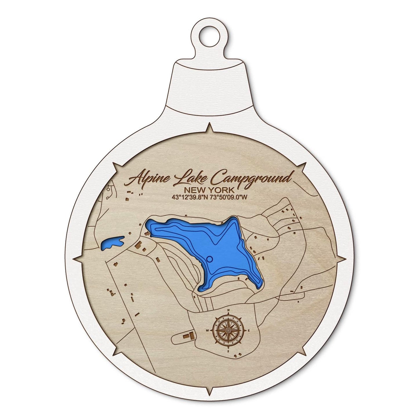 Alpine Lake Campground New York Custom 3D Layered Wood Lake Map Ornament | Handcrafted Bathymetric Art