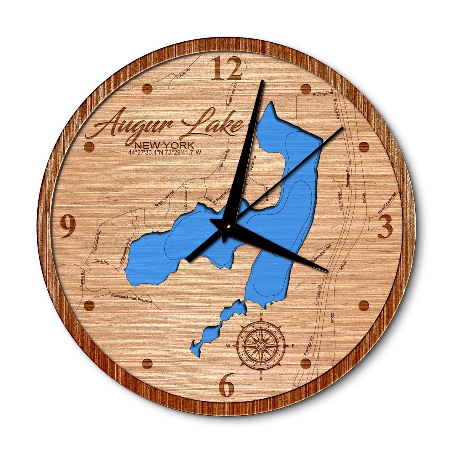 Augur Lake New York 14in Layered Map Clock - Any Lake, Pond, or Reservoir - Unique Home Decor