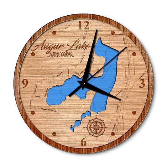 Augur Lake New York 14in Layered Map Clock - Any Lake, Pond, or Reservoir - Unique Home Decor