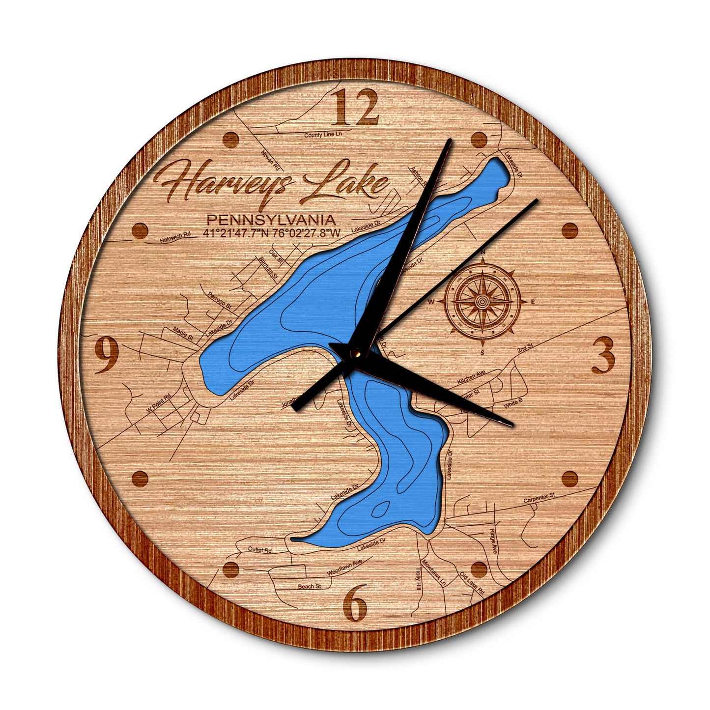 Harveys Lake, Pennsylvania 14in Layered Map Clock - Any Lake, Pond, or Reservoir - Unique Home Decor