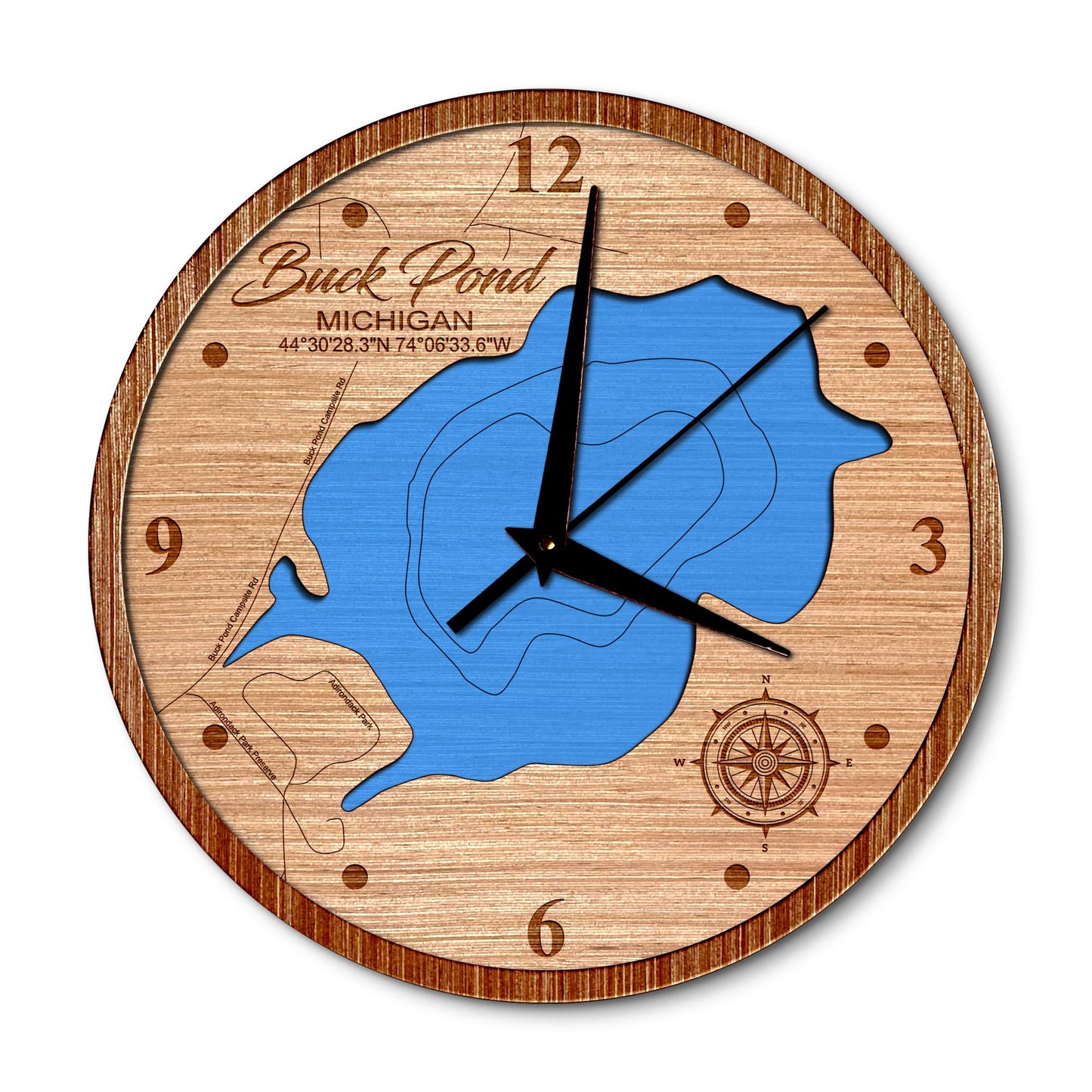 Buck Pond(Empire), Michigan 14in Layered Map Clock - Any Lake, Pond, or Reservoir - Unique Home Decor