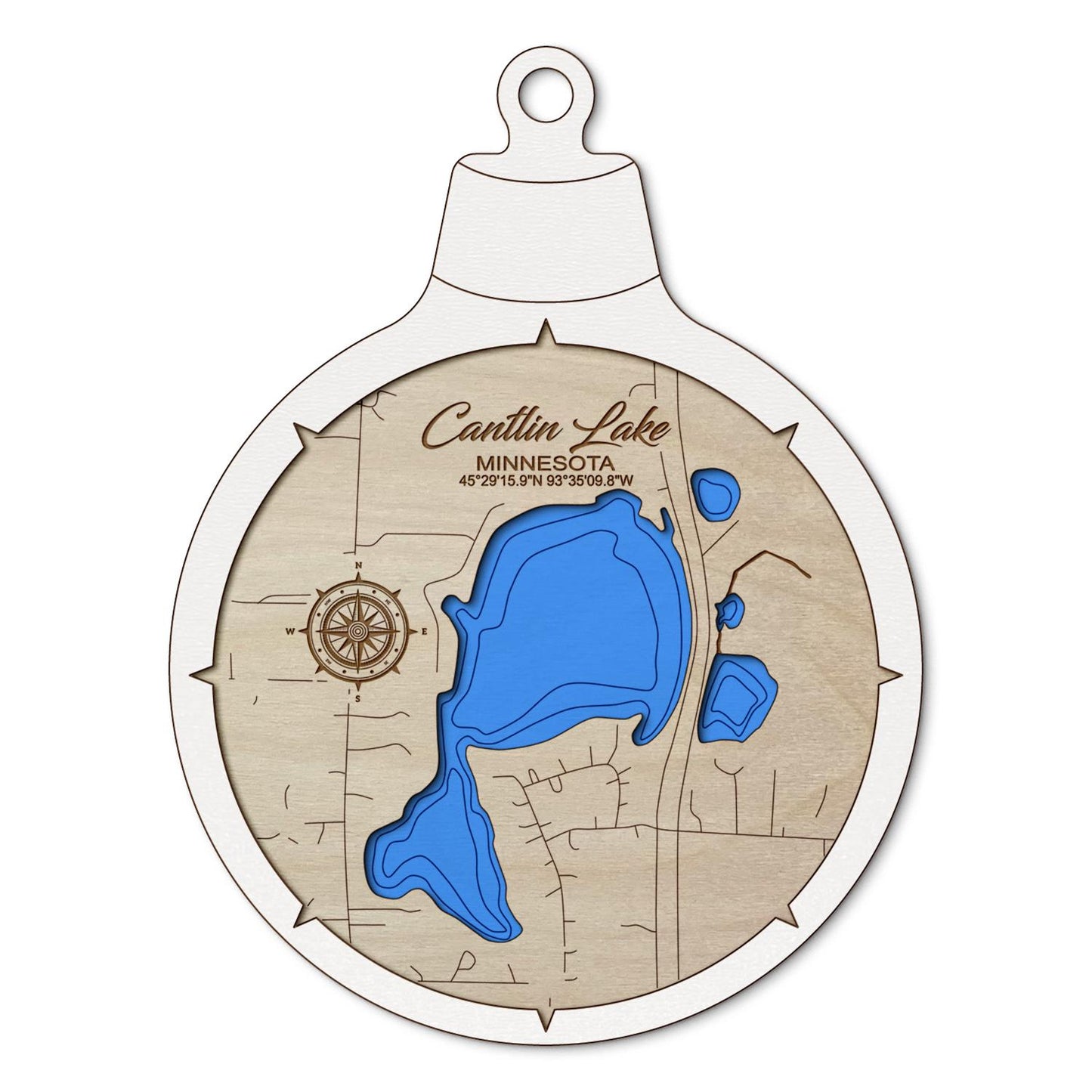 Cantlin Lake, Minnesota Custom 3D Layered Wood Lake Map Ornament | Handcrafted Bathymetric Art