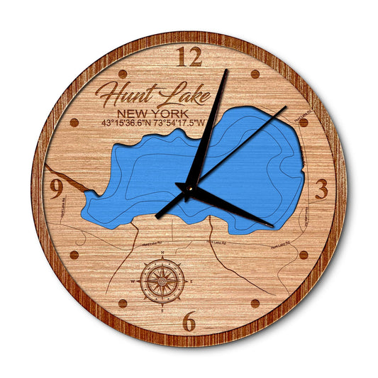 Hunt Lake, New York 14in Layered Map Clock - Any Lake, Pond, or Reservoir - Unique Home Decor