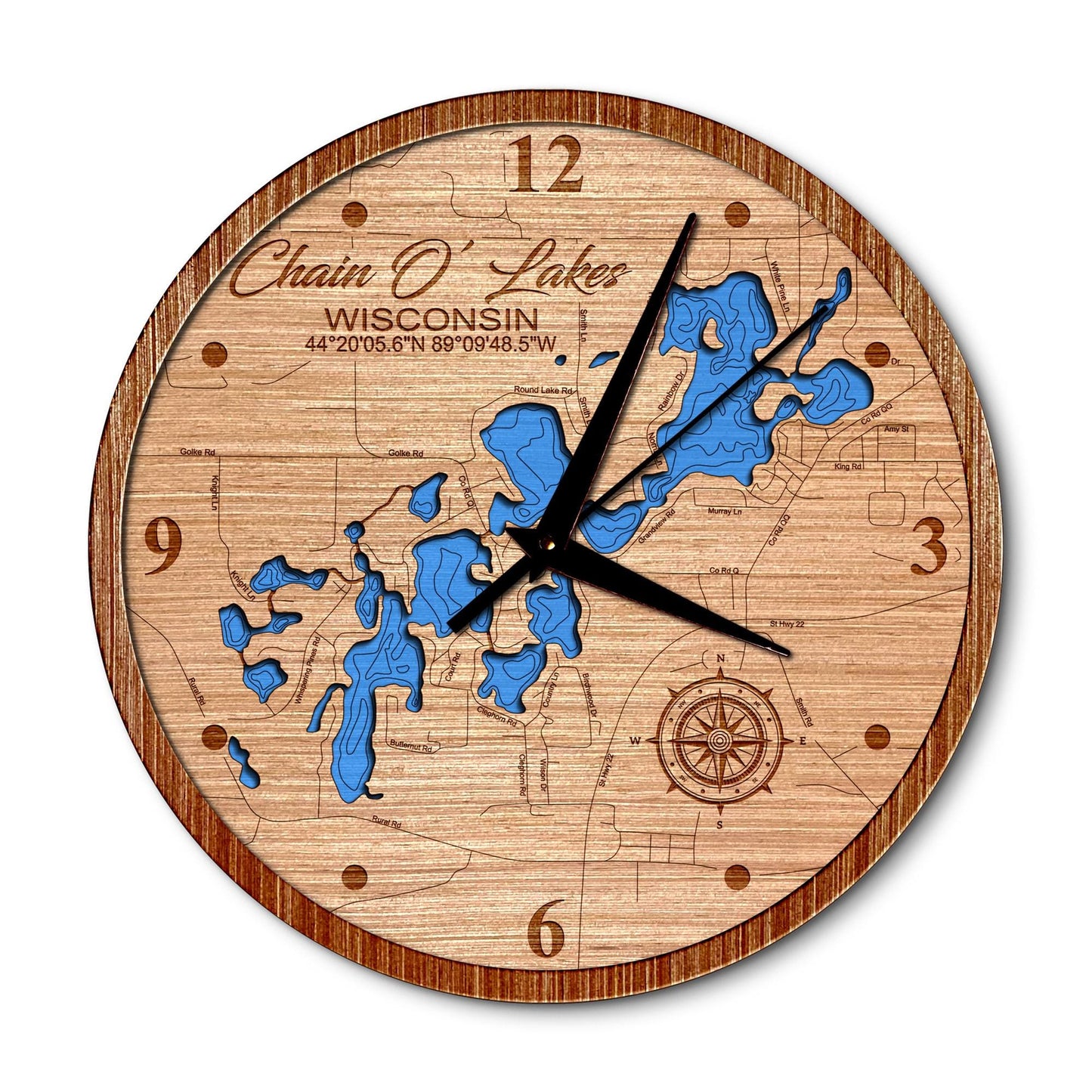 Chain O' Lakes, Wisconsin 14in Layered Map Clock - Any Lake, Pond, or Reservoir - Unique Home Decor