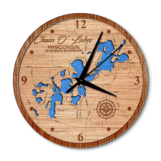 Chain O' Lakes, Wisconsin 14in Layered Map Clock - Any Lake, Pond, or Reservoir - Unique Home Decor