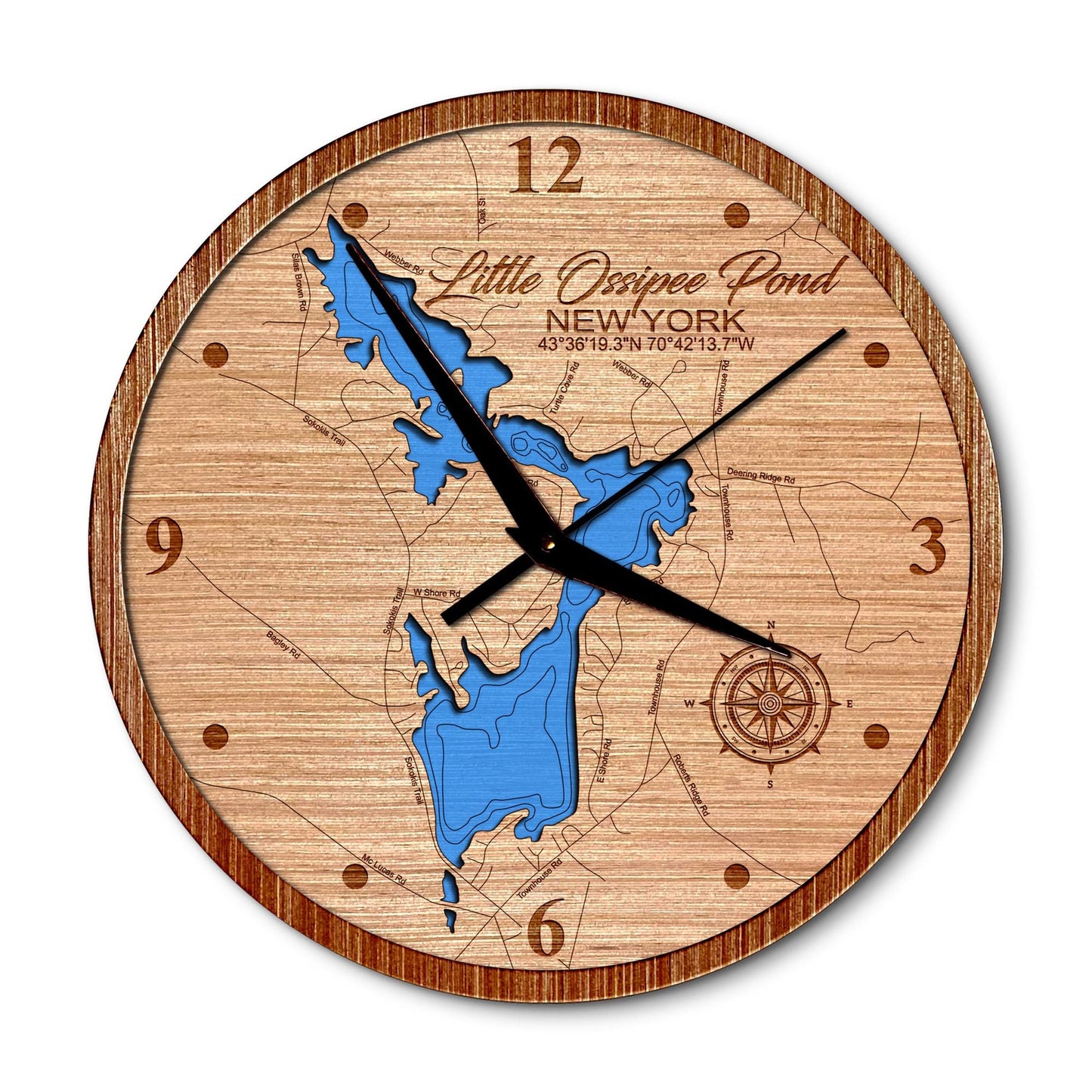 Little Ossipee Pond, Maine 14in Layered Map Clock - Any Lake, Pond, or Reservoir - Unique Home Decor