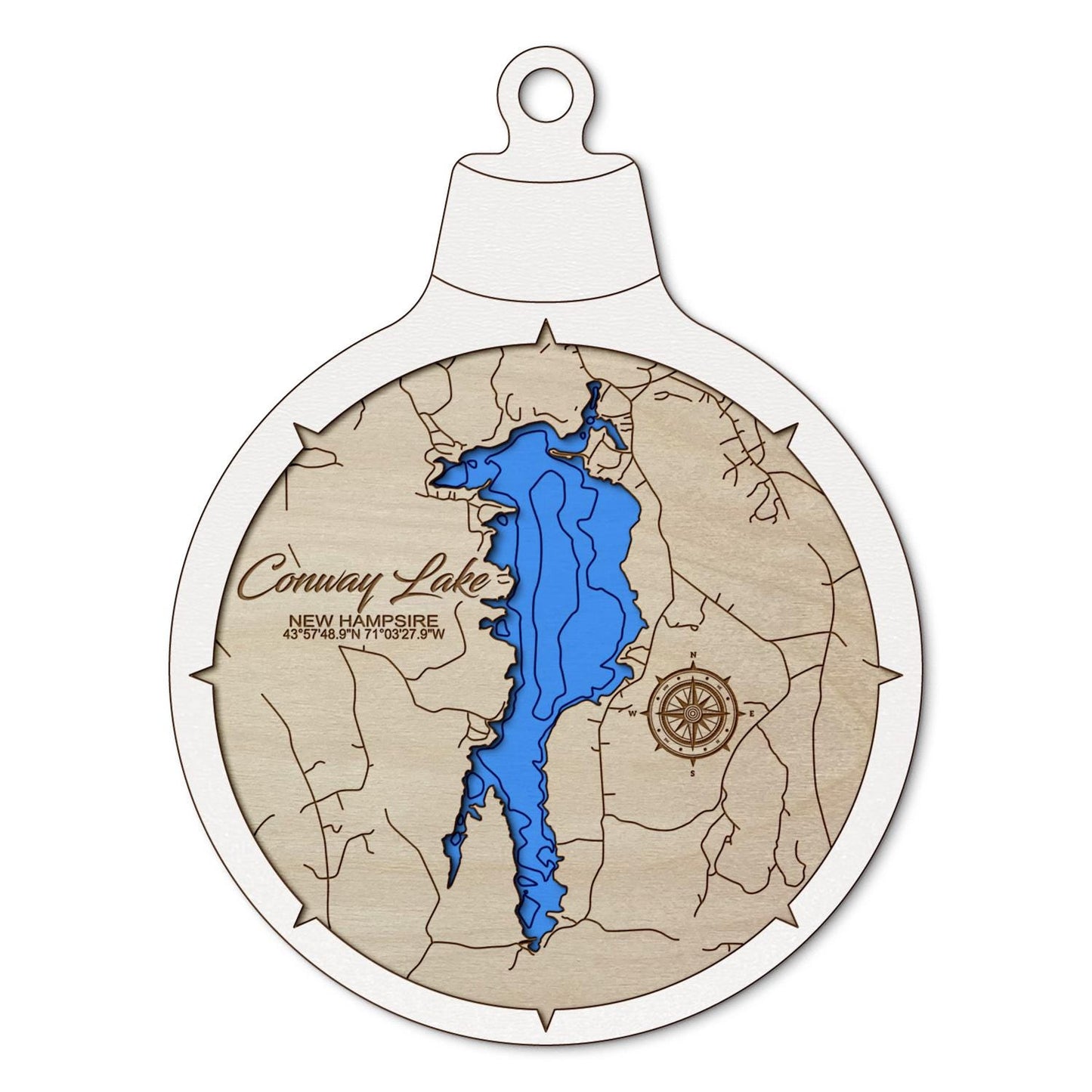 Conway Lake, New Hampshire Custom 3D Layered Wood Lake Map Ornament | Handcrafted Bathymetric Art