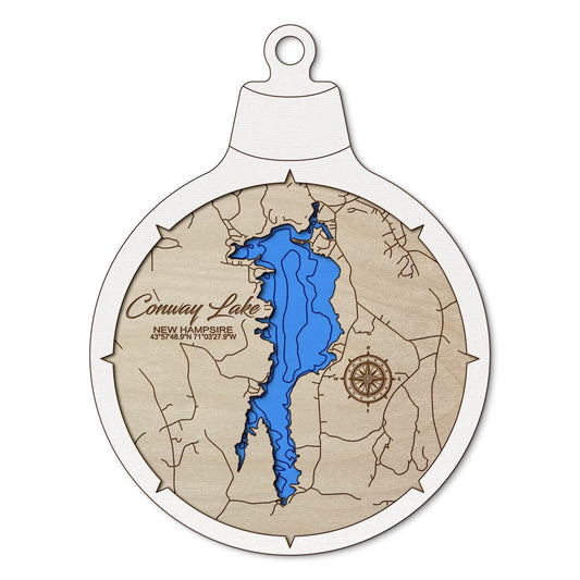 Conway Lake, New Hampshire Custom 3D Layered Wood Lake Map Ornament | Handcrafted Bathymetric Art