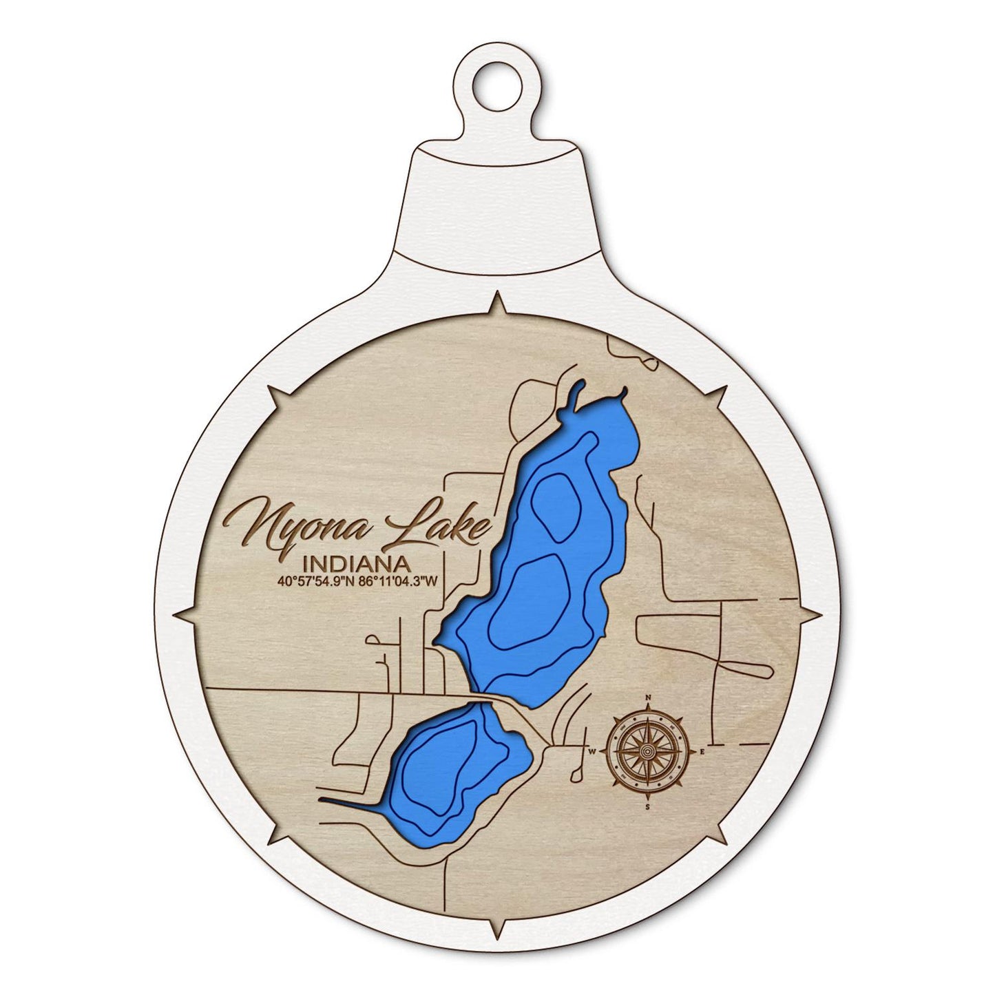 Nyona Lake, Indiana Custom 3D Layered Wood Lake Map Ornament | Handcrafted Bathymetric Art