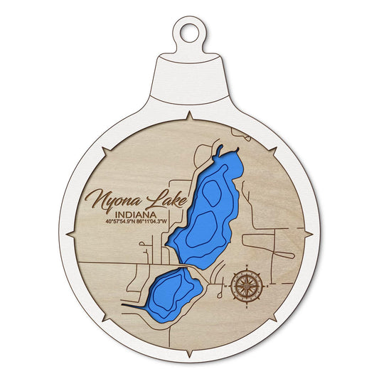 Nyona Lake, Indiana Custom 3D Layered Wood Lake Map Ornament | Handcrafted Bathymetric Art